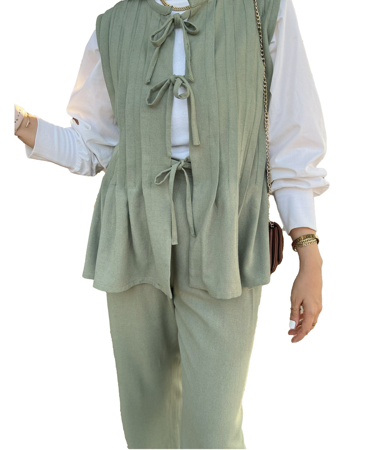 The Pleated Linen Set- Olive