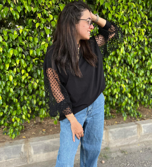 Tulle Sleeves Cotton Top (Long Sleeves)