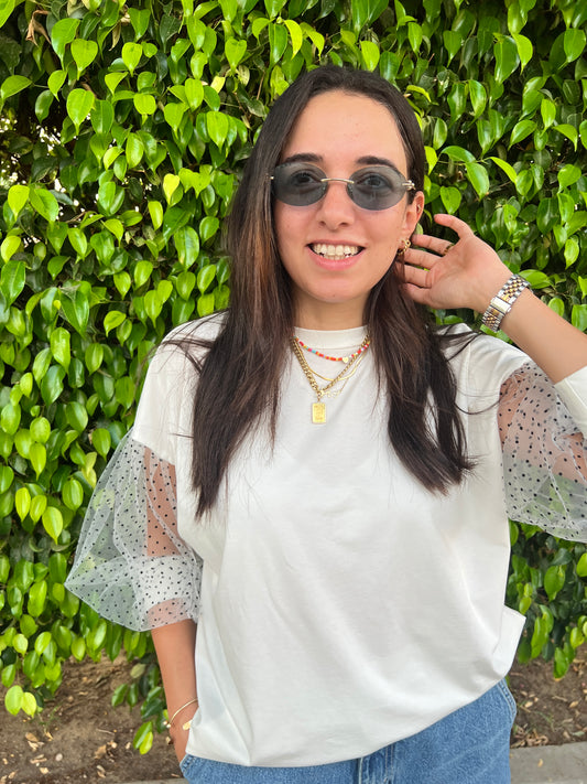 Tulle Sleeves Cotton Top (Bracelet Sleeves - 3/4)