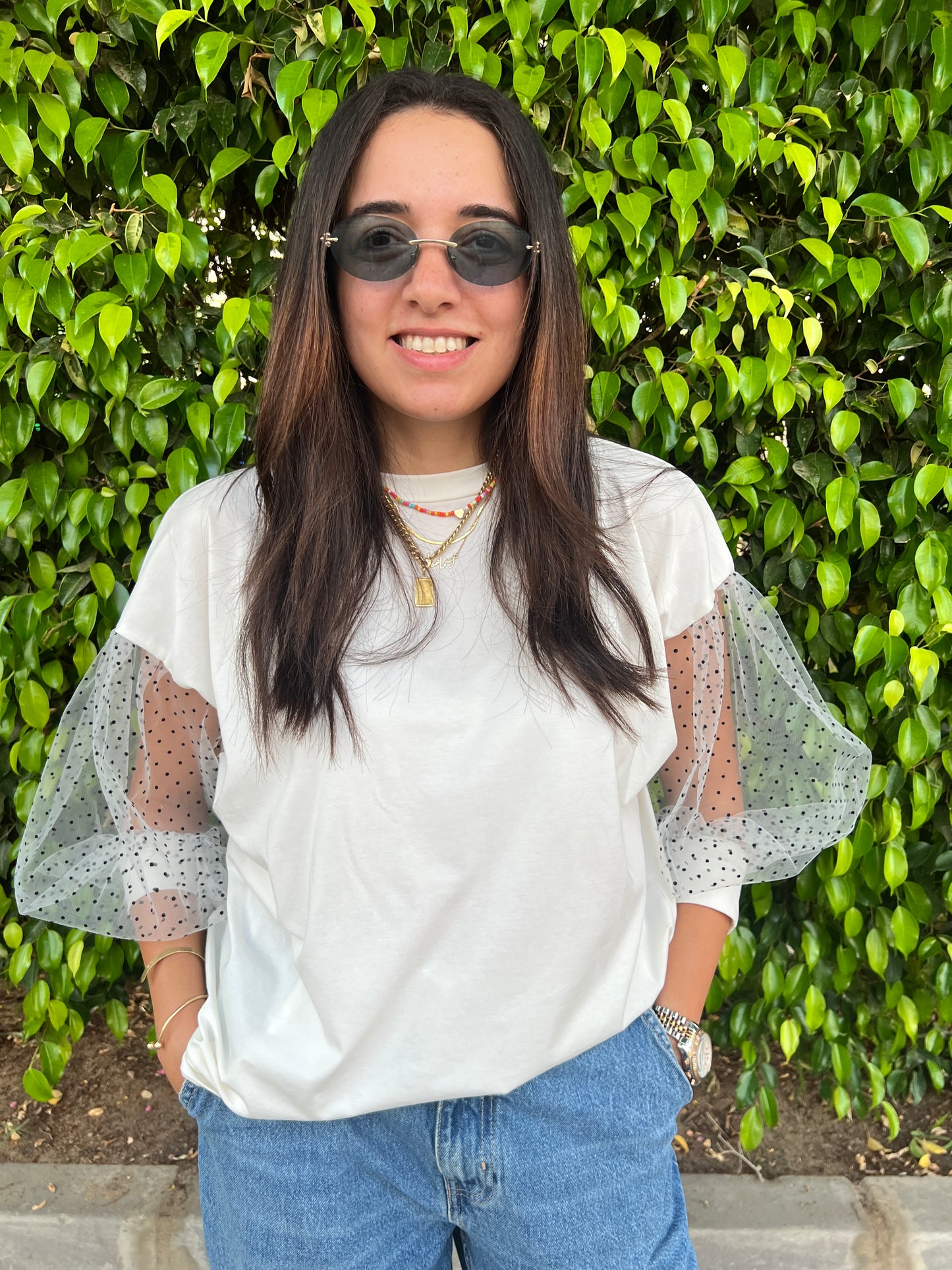 Tulle Sleeves Cotton Top (Bracelet Sleeves - 3/4)