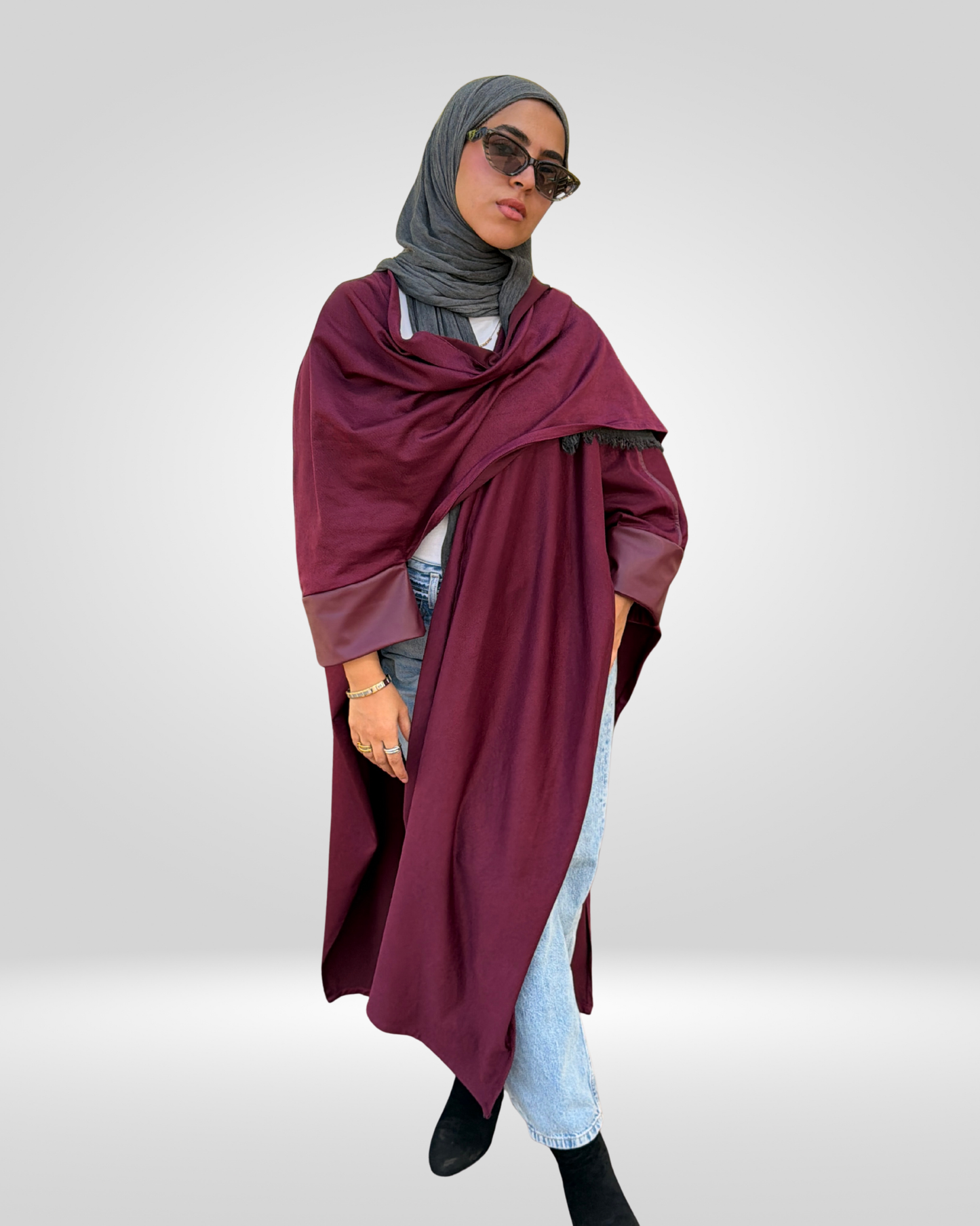 Outlined Velvet Cape – Burgundy
