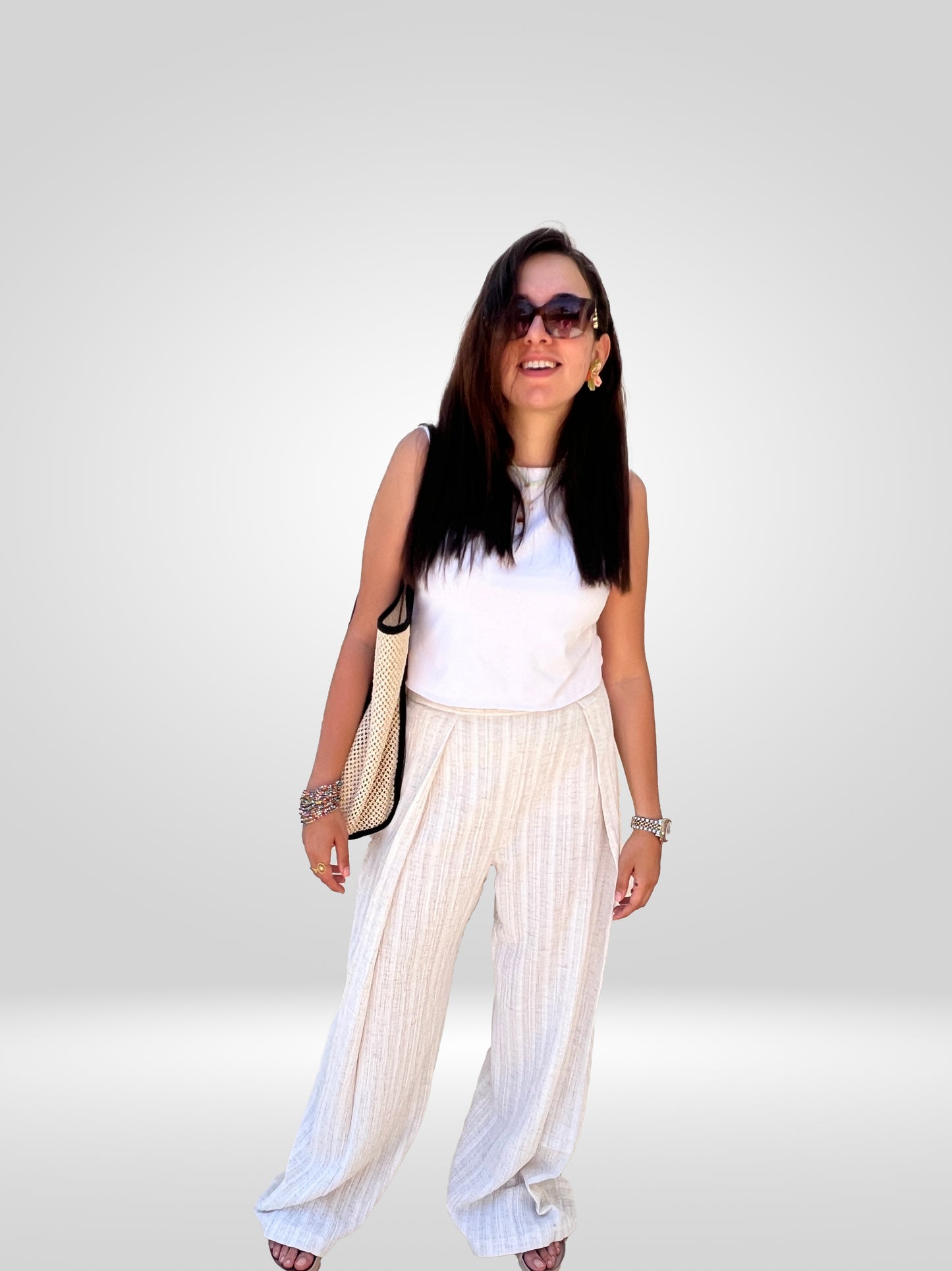 Striped-Pleated Linen Pants