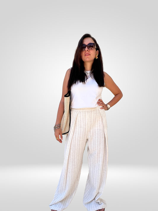 Striped-Pleated Linen Pants
