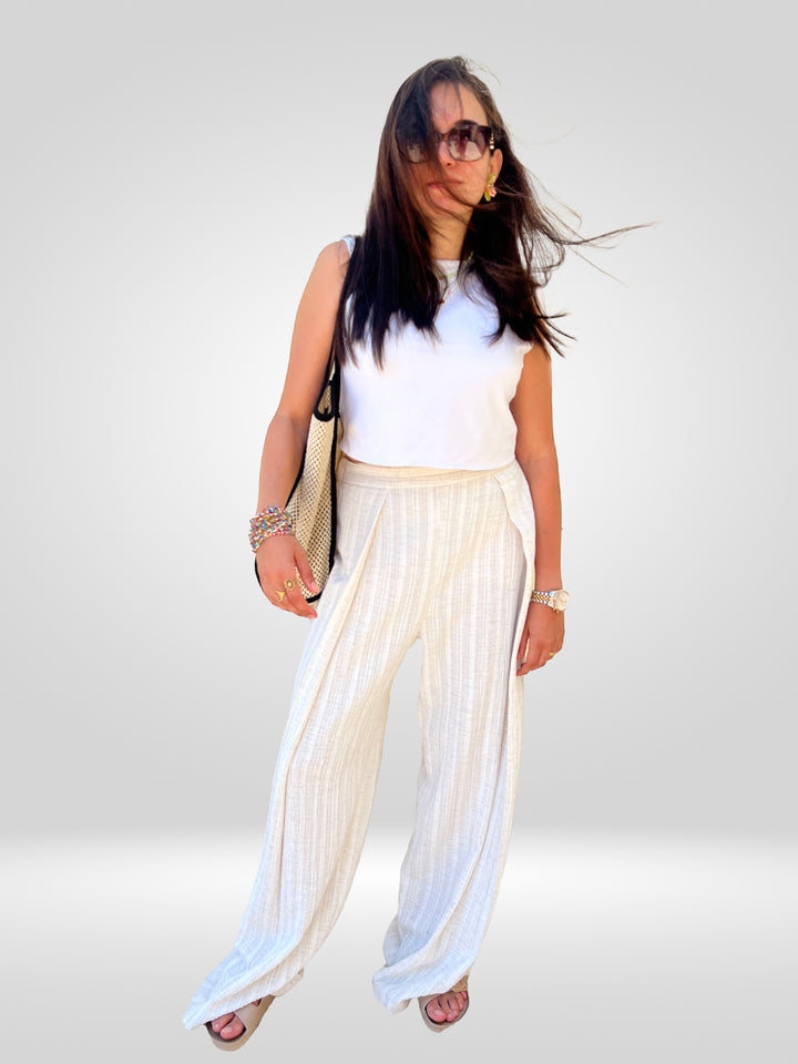 Striped-Pleated Linen Pants