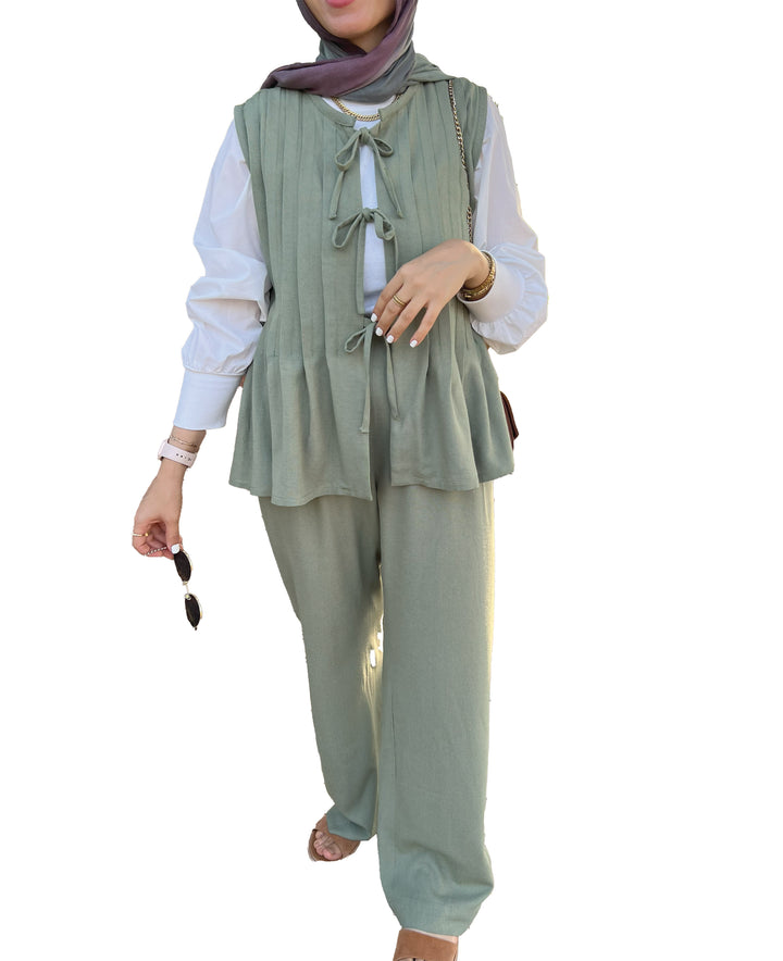 The Pleated Linen Set- Olive