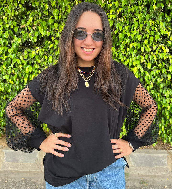 Tulle Sleeves Cotton Top (Long Sleeves)