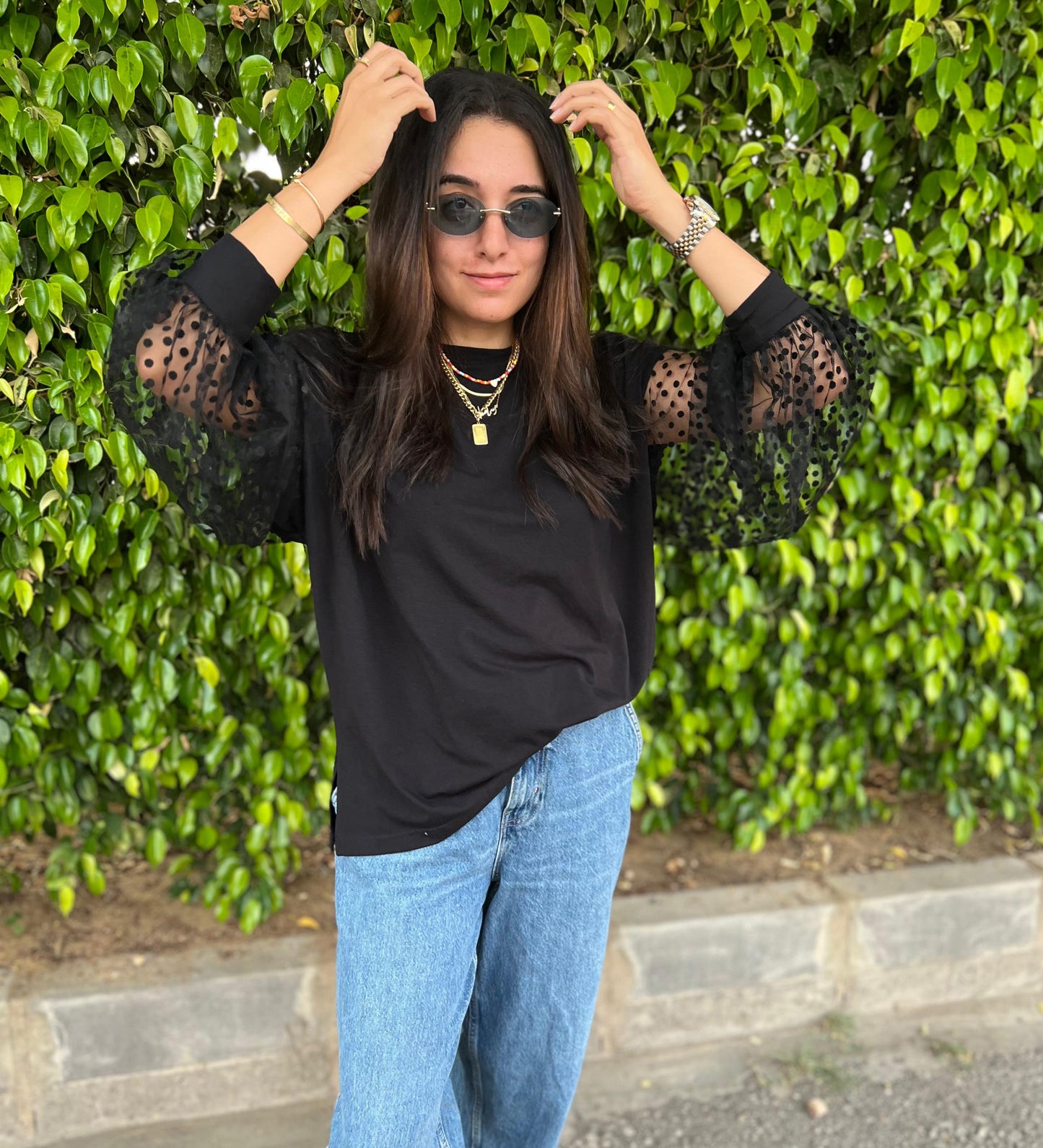 Tulle Sleeves Cotton Top (Long Sleeves)