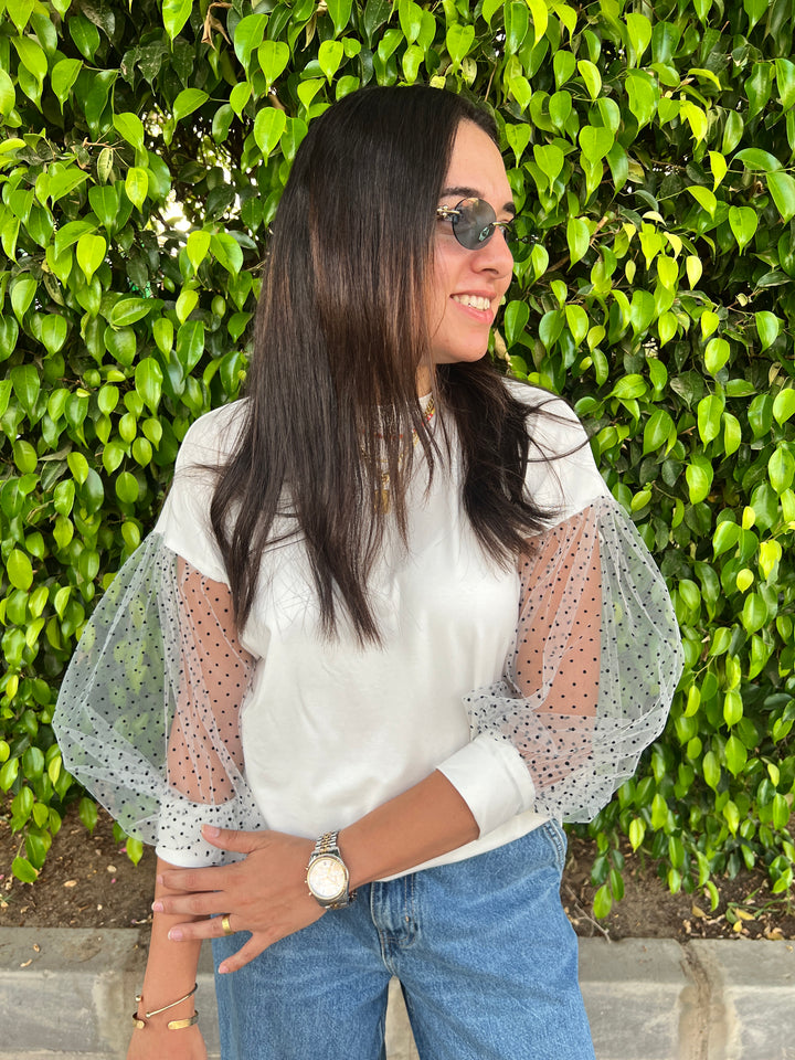 Tulle Sleeves Cotton Top (Bracelet Sleeves - 3/4)