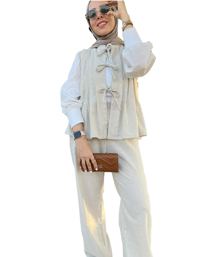 The Pleated Linen Set- Beige